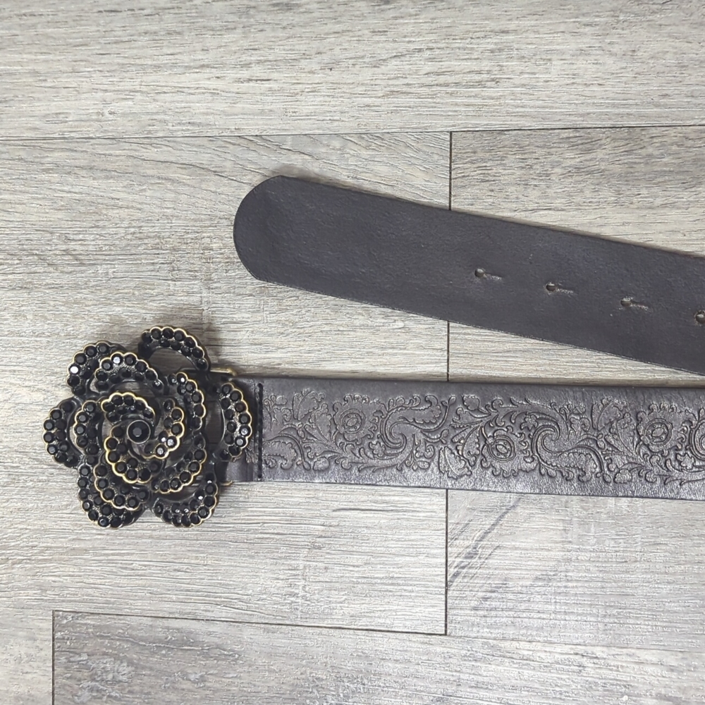 Vintage Fossil Rhinestone Rose Buckle Black Leather Belt - Picture 6 of 8